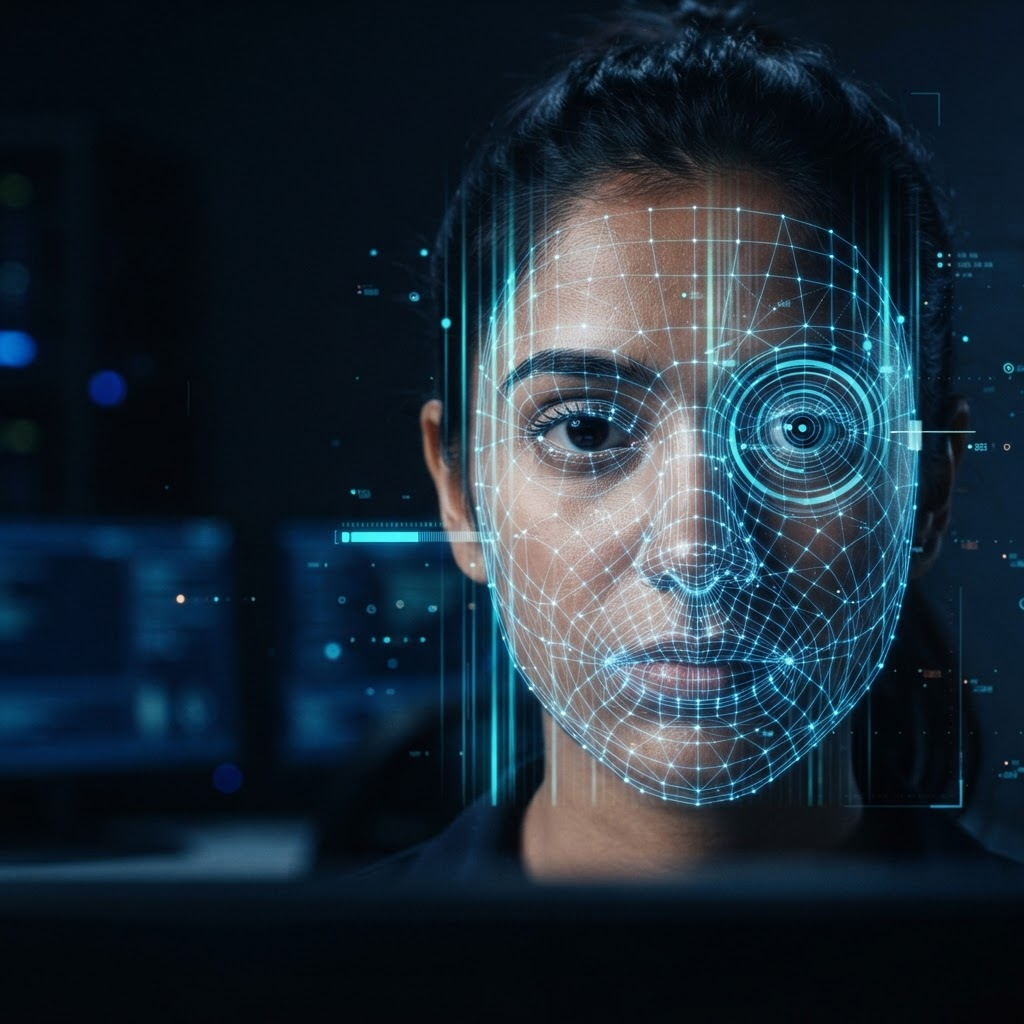 AI facial recognition and biometric scan visualization
